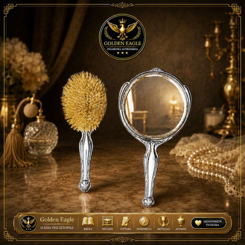 Silver-plated carved vintage mirror and brush set, 1920s