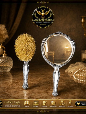Silver-plated carved vintage mirror and brush set, 1920s