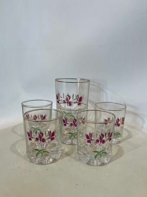Vintage Italian crystal serving set with 5 glasses and ice bucket floral design used