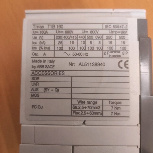 ABB SACE Tmax T1B 160 3P 20A Automatic Power Switch