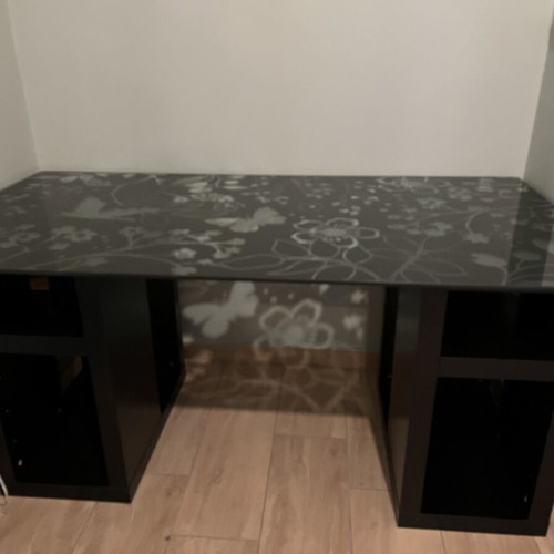 Desk 150x80 glass top with wooden shelves used