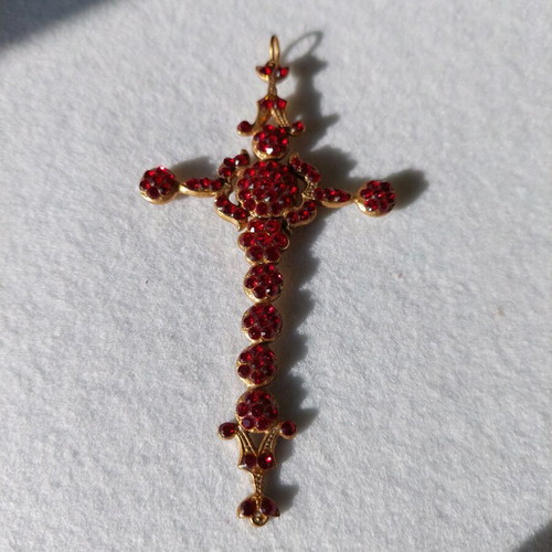 Bronze cross with red Swarovski crystals, handmade, new