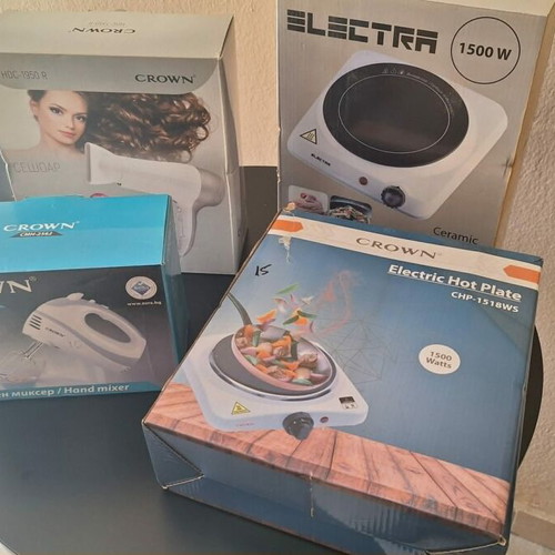Set of new electric appliances: ceramic hot plate, enamel hot plate, Crown hair dryer HDC-1950 R, Crown hand mixer 200W