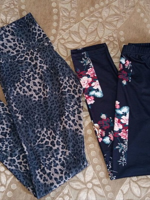 2 elastic sports leggings pack, grey leopard and black floral, XL