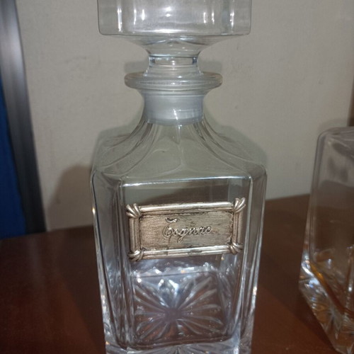 Decanter set Cognac & Whisky with metal plaques, 20cm
