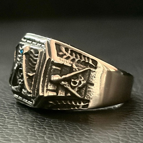 Masonic Square & Compasses Ring new, blue stone, 316L steel, US 15