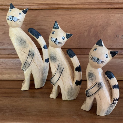 Set of three handmade wooden cat figurines new