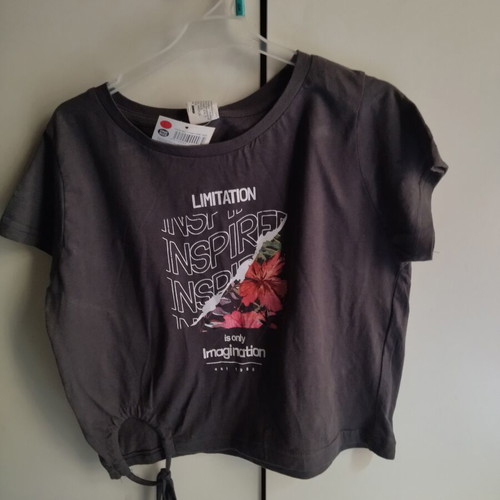 Women's T-shirt charcoal with floral print and typography, new with tags