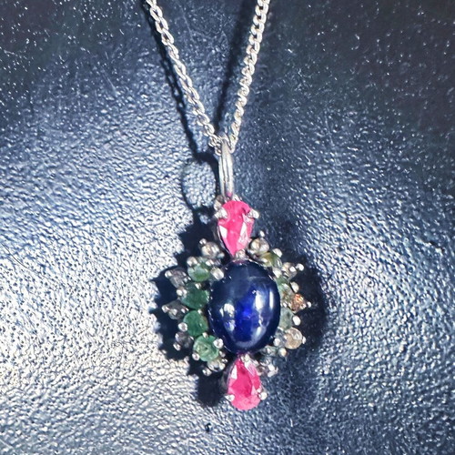 Vintage 925 Silver Pendant with Multicolored Stones and 9K Gold