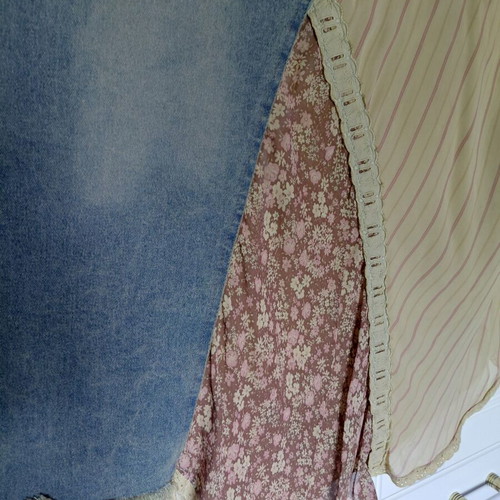 Vintage asymmetrical patchwork skirt used, M/L, beige and blue