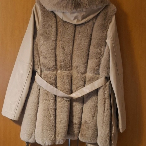 Women's Jacket with Faux Fur and Leatherette Sleeves, Like New, Beige