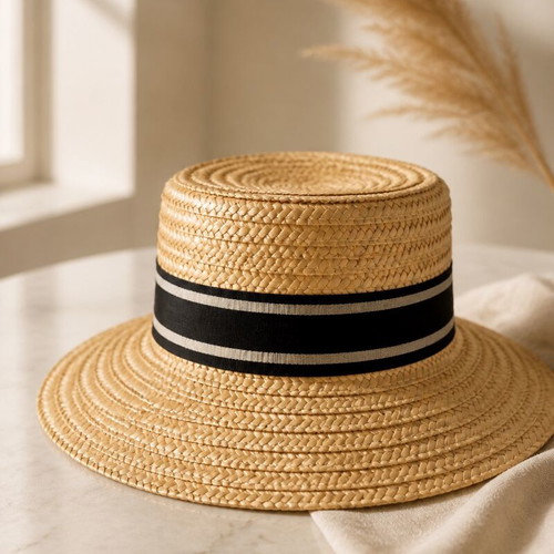 Women’s Straw Rattan Hat with Ribbon CCC like new, size L, beige and black