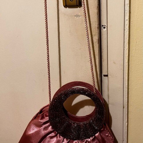 Vintage satin evening handbag new pink salmon with beads