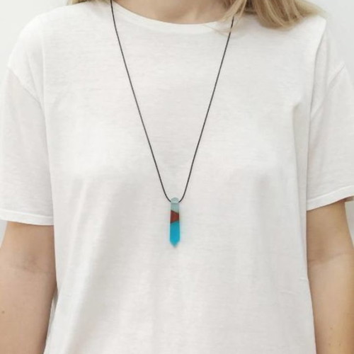 Greek Blue Ocean Wave necklace new with blue crystal and olive wood