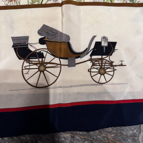 Mantero vintage silk scarf with antique carriages and colorful floral motifs