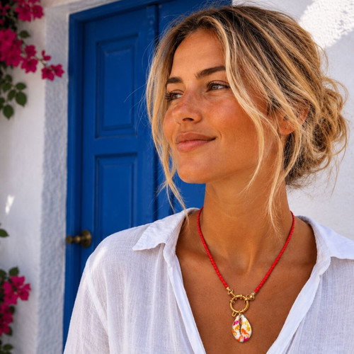 Handmade Necklace with Czech beads, stainless steel nautical steering wheel clasp, hand-painted shell