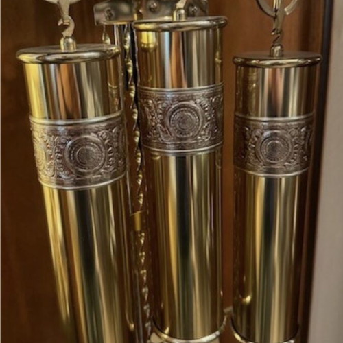 Howard Miller Grandfather Clock Like New, Oak Wood, Silver and Gold Face