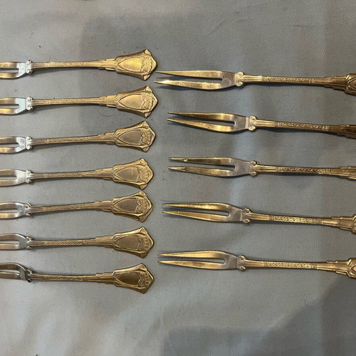 Art Deco gold-plated fruit fork set USSR 1970s, like new