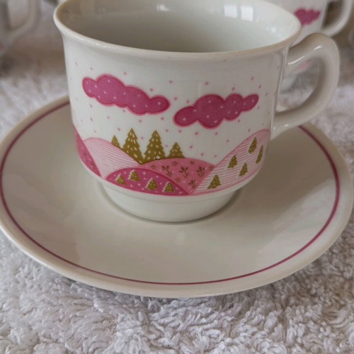 Greek coffee cups used, porcelain set of 5 with saucers