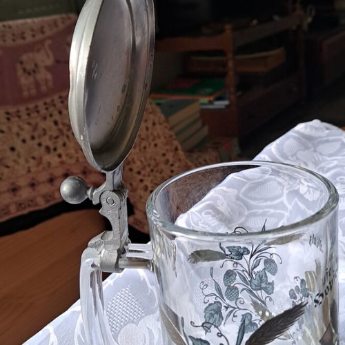 Beer glass 500ml collectible with pewter lid like new