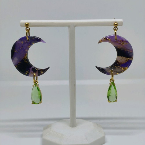 Moon earrings new, purple and gold