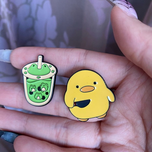 Duck and frog pins new, colorful, pack of two