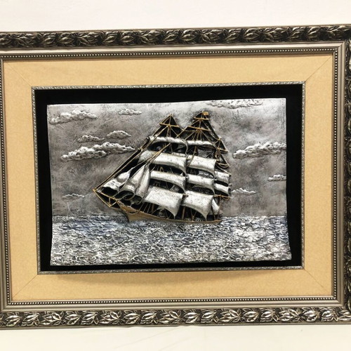 Embossed ship painting like new with carved frame 70x90cm