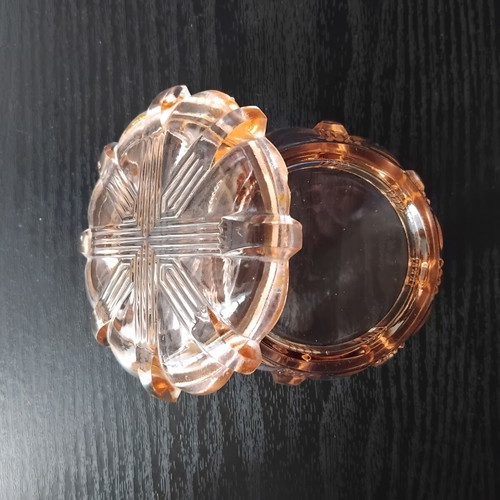 Vintage glass box with lid Art Deco style, used, pink-peach