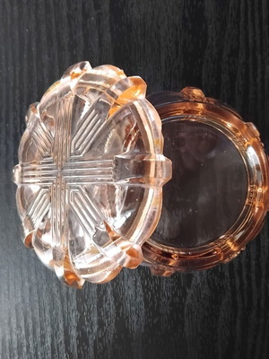 Vintage glass box with lid Art Deco style, used, pink-peach