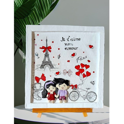 Handmade Saint Valentine frame with loving couple in Paris, new