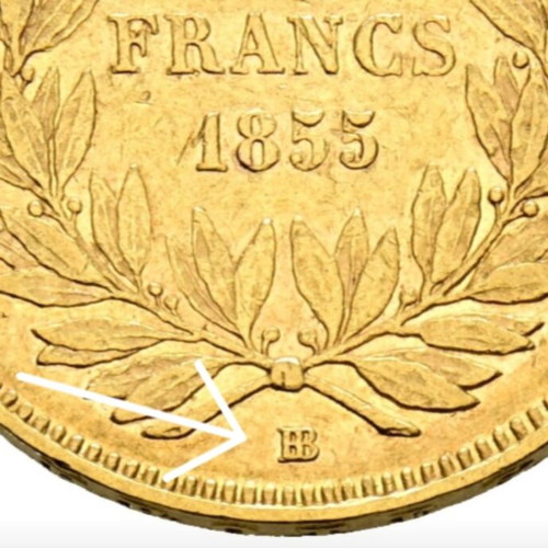 Gold Coin 20 Francs 1855 BB Napoleon III used