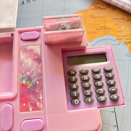 School pencil case with calculator and sharpener