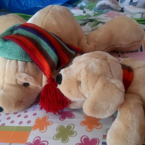 Plush dogs new, mom and puppy with knitted scarf