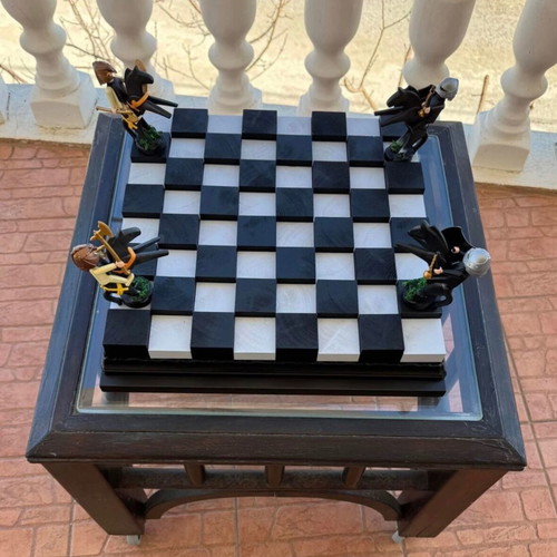 Handmade wooden chess with Playmobil figures new