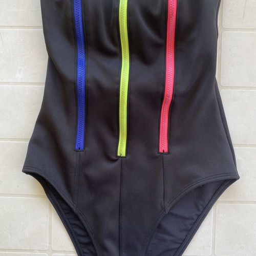 SugarFree one-piece swimsuit like new, black with colorful zippers, strapless