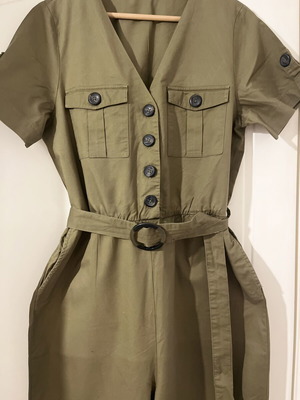 Only cotton jumpsuit with buttons and belt, brown green