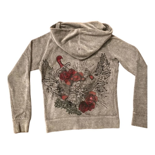 Mymoo hoodie gray velour jacket used with print and rhinestones on back