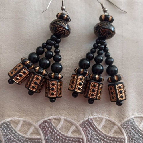 Handmade long ethnic boho tribal earrings like new, black-gold