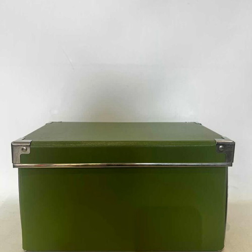 Storage box used, green with metal details and leather effect 14x26x15.5
