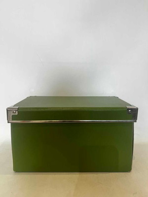Storage box used, green with metal details and leather effect 14x26x15.5