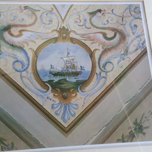 Vintage framed photo of ceiling painting from Rallis mansion, Ermoupoli Syros