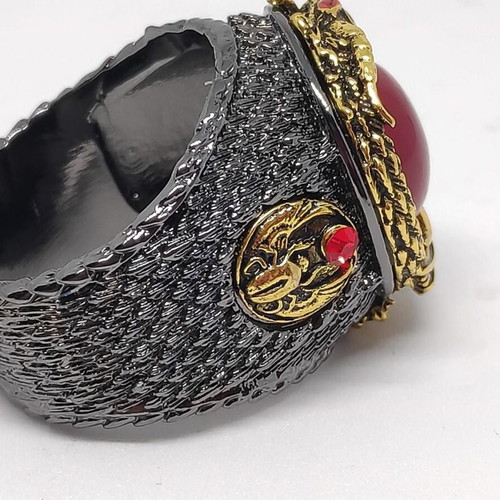 Blood Dragon's Eye Gothic men's ring, bronze with red stone and dragon relief