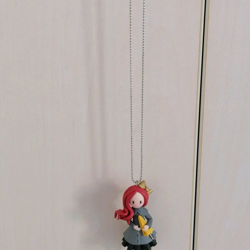 Necklace with polymer clay girl and steel chain new