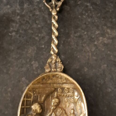 Vintage brass enamel wall decor for birds, vintage bronze box and decorative spoon used
