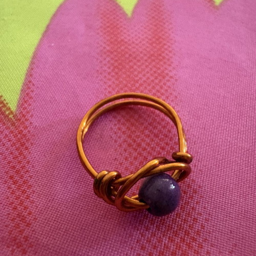 Wire-Wrapped Jewelry Set with Purple Beads, Ring and Ear Cuff