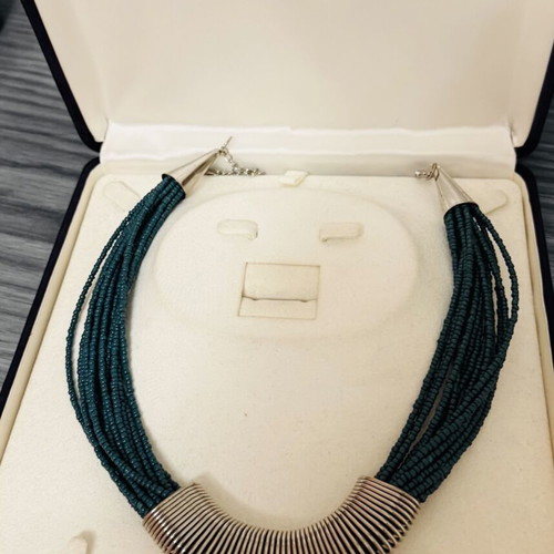 Statement necklace petrol with beads and silver metal detail like new