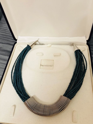 Statement necklace petrol with beads and silver metal detail like new
