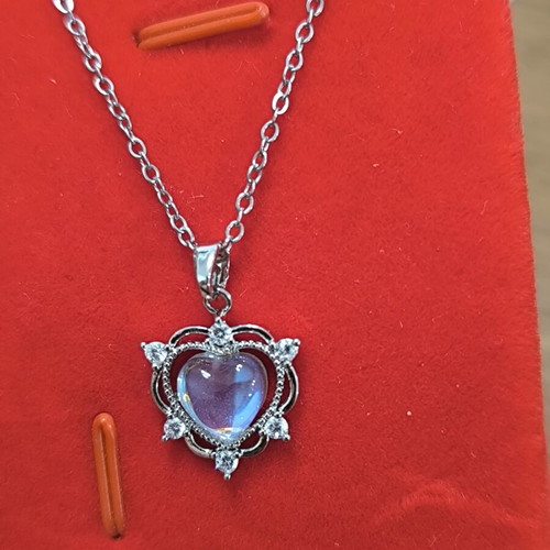 Heart Necklace with Iridescent Stone and Zircon, Stainless Steel, New