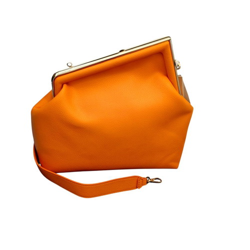 Clutch shoulder bag orange with gold diagonal closure and wide handle