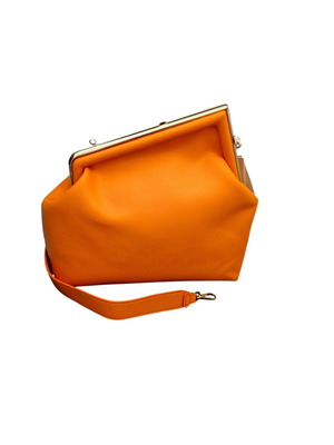 Clutch shoulder bag orange with gold diagonal closure and wide handle